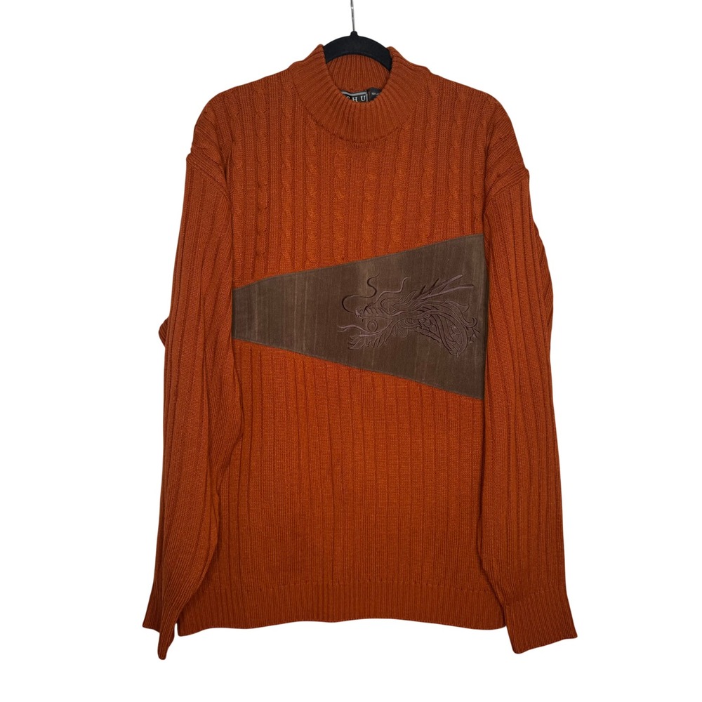 Gochu Vintage Orange Dragon Embroidered Mock Neck Cable Sweater XXL Mens Ribbed